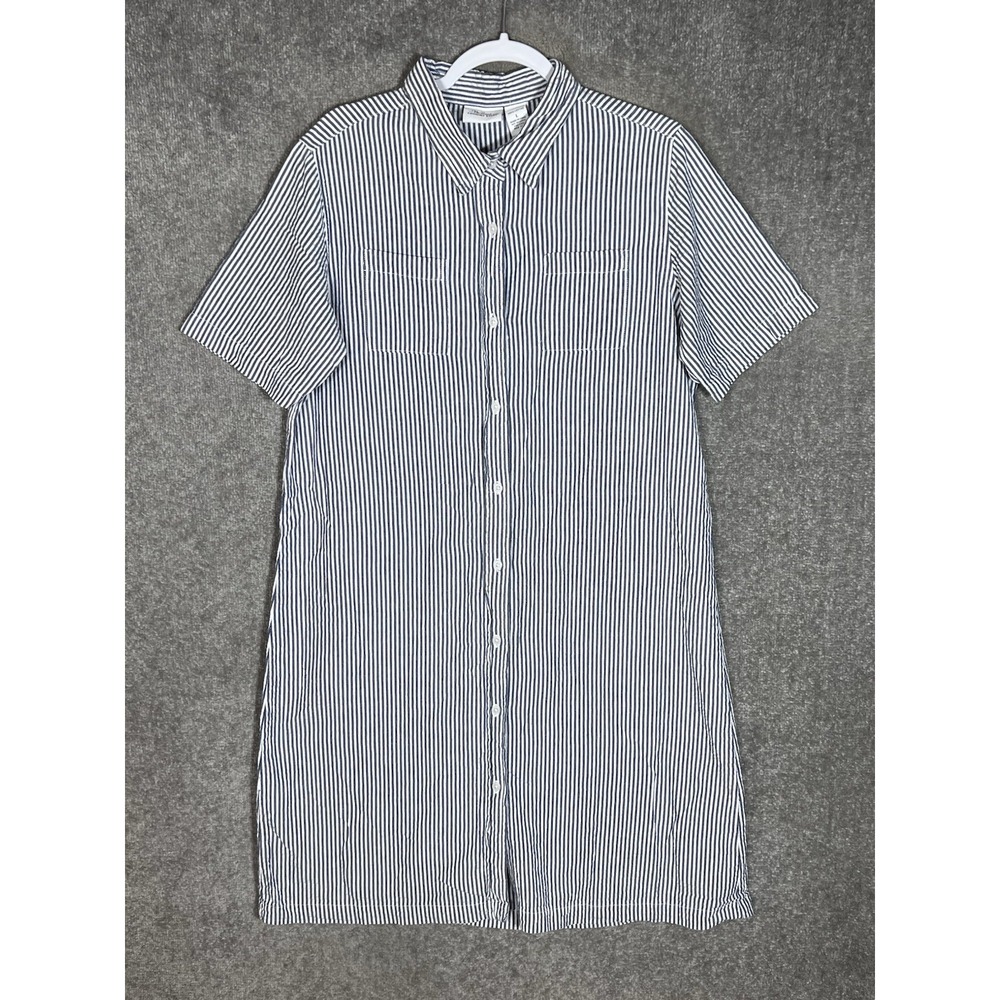 Vermont Country Store Seersucker Button Up Shirt Dress Womens Sz L Blue Striped
